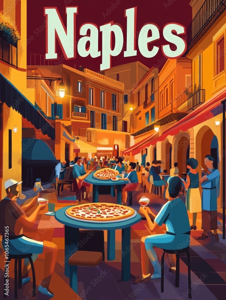Experience a vibrant evening in Naples as locals and visitors delight in pizza and wine at lively outdoor tables, surrounded by charming streets and warm lights, embodying Italian culture.
