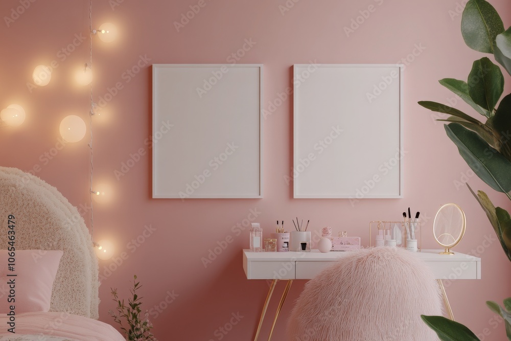 In a stylish room with a soft pink wall, two empty white square frames are aligned beside a minimalist desk. The warm lighting adds a welcoming atmosphere perfect for creativity.