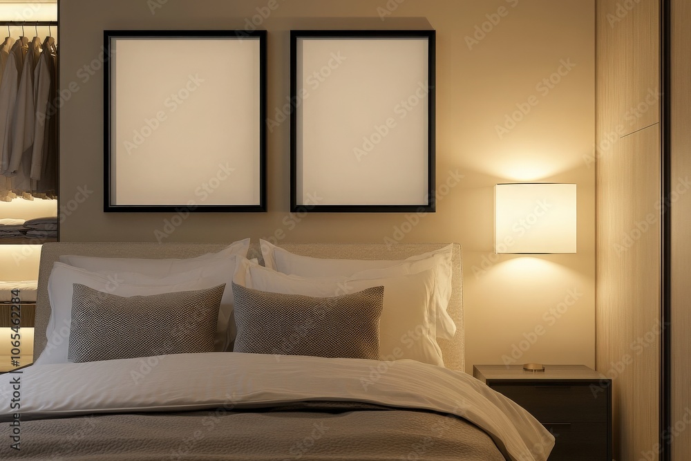 In a tranquil bedroom, two empty black square frames are aligned above a neatly made bed, complemented by soft bedside lighting, creating a peaceful and inviting space for relaxation.