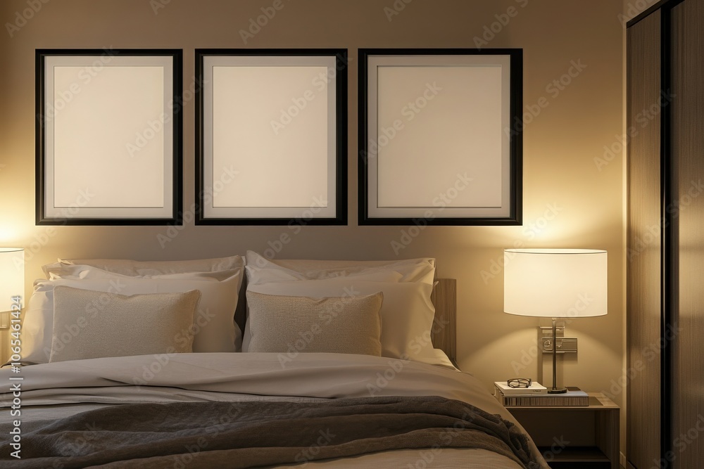 In an inviting bedroom, two empty square black frames are aligned side by side above a neatly arranged bed. The soft lighting and neutral tones create a tranquil atmosphere perfect for relaxation.