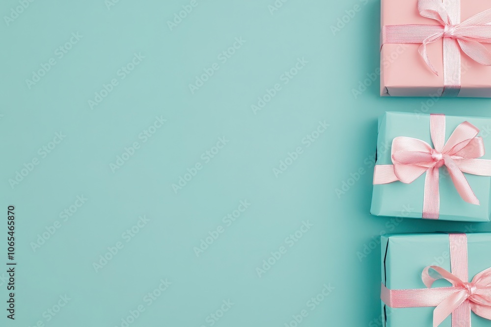 Neatly wrapped presents in soft pink and blue with delicate bows sit on a vibrant turquoise background, creating a cheerful, inviting atmosphere perfect for celebrations.