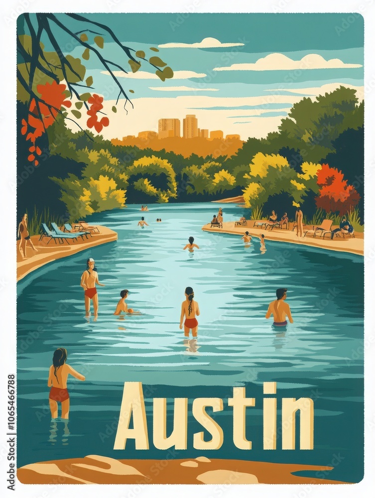 People enjoy a relaxing day swimming in the clear waters of a scenic river in Austin, surrounded by lush greenery and city skyline in the background, showcasing the charm of outdoor leisure.