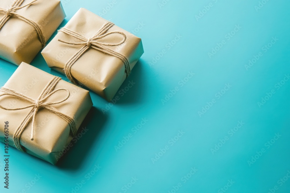 Presenting three beautifully wrapped gifts tied with twine, set against a vibrant blue background, perfect for celebrations and special events. Ideal for holiday or birthday gifting.
