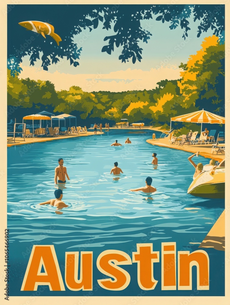 Relax and swim in Austins famous natural pools, surrounded by lush trees and sunny skies. Enjoy a day of fun and leisure with friends and family in this vibrant setting.