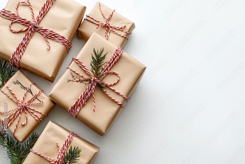 Several neatly wrapped presents sit on a clean white background, adorned with red and white twine and sprigs of greenery, perfect for celebrating a special occasion or holiday.
