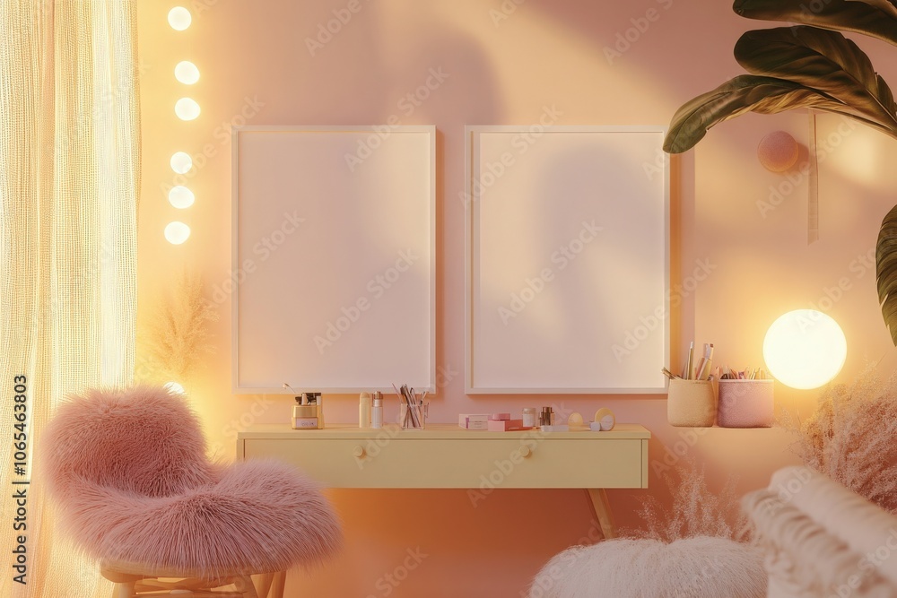 Soft pastel hues illuminate the room, featuring two empty square frames on the wall. A cozy chair and decorative plants add warmth and style to this serene space.