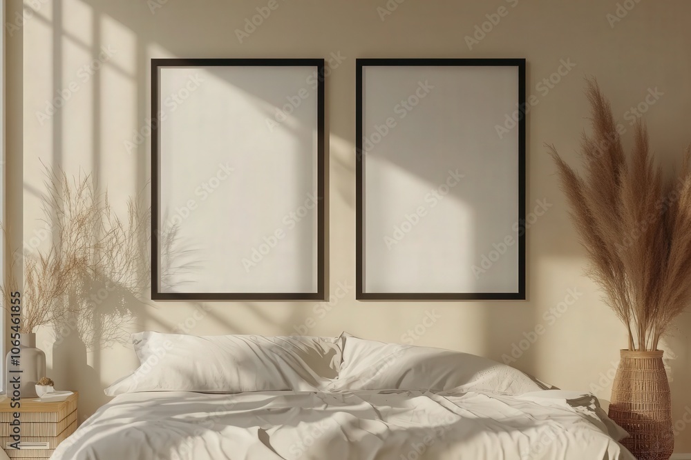 The interior features two side-by-side empty black frames mounted on a light wall. Below, a bed is neatly arranged with soft linens, creating a calm and inviting atmosphere in a minimalist space.