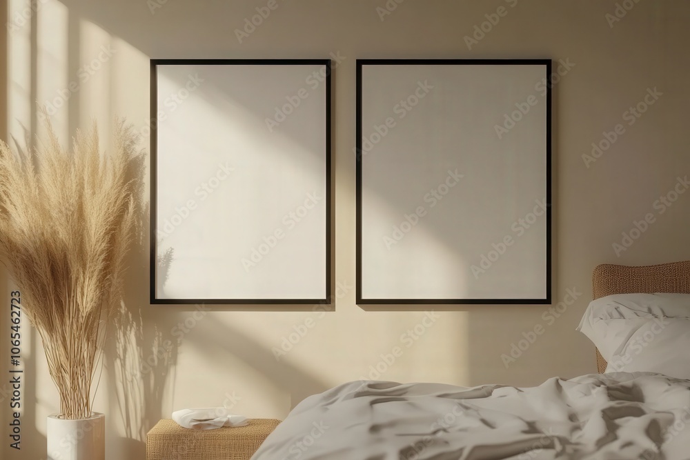 The light-filled bedroom features two empty square black frames placed side-by-side against a soft, light-colored wall, enhancing the serene atmosphere of the space.