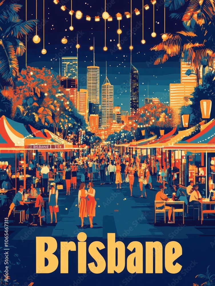 The lively streets of Brisbane are filled with colorful stalls and cheerful people as the city showcases its vibrant nightlife. Skyscrapers shimmer in the background beneath a starry sky.