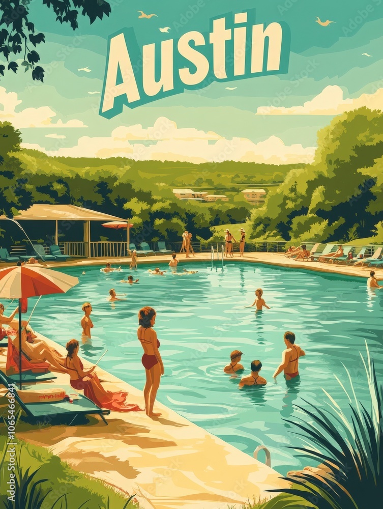 The scene captures a lively poolside atmosphere in Austin, showcasing people enjoying the sun, swimming, and lounging in a tranquil setting surrounded by lush greenery and blue skies.