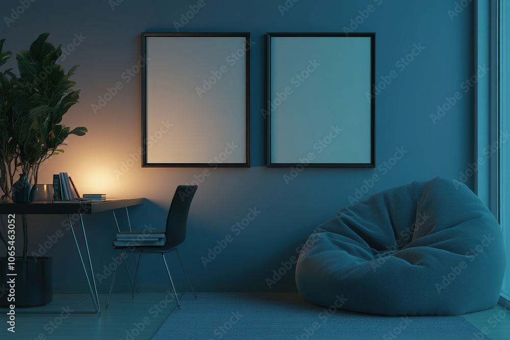 The serene room features two aligned black square frames on the wall, providing a minimalist contrast against the blue tones. A cozy chair and a desk with a plant enhance the tranquil atmosphere.