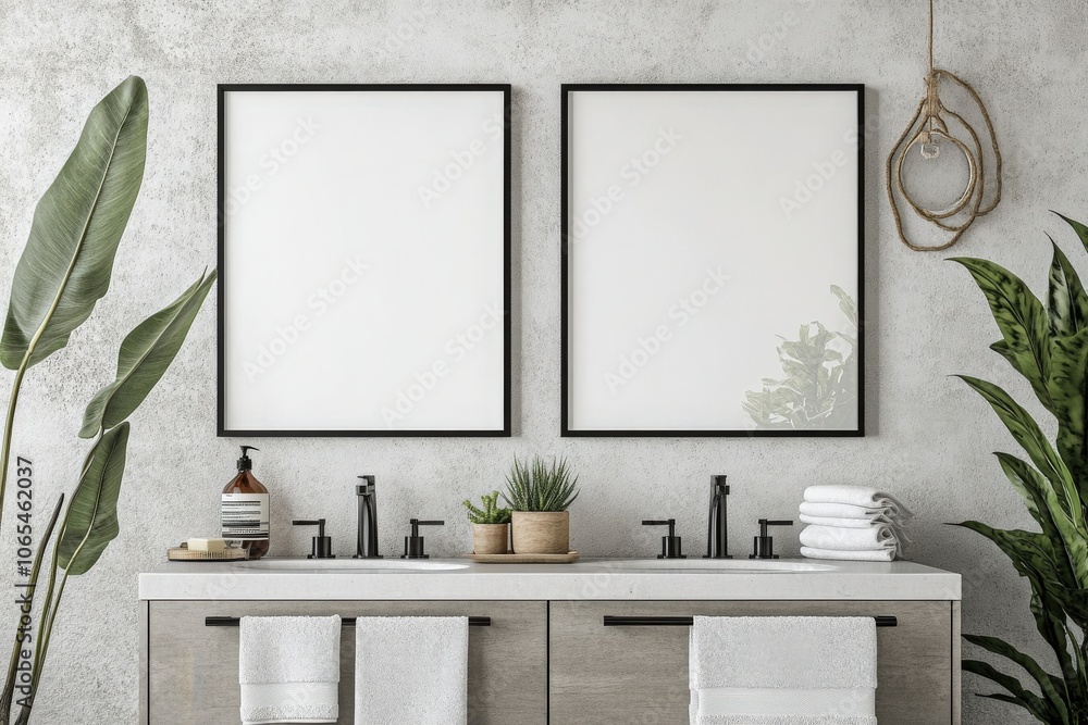 The setting features two aligned, empty black frames mounted on a textured wall, above a stylish bathroom sink. Potted plants, towels, and decor complete the minimalist aesthetic.