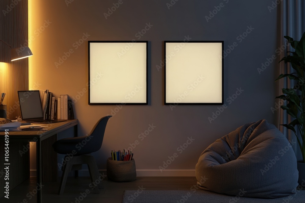 The setting features two aligned empty black frames on a softly lit wall, creating a calm atmosphere in a cozy workspace. A desk and a bean bag add to the inviting decor.