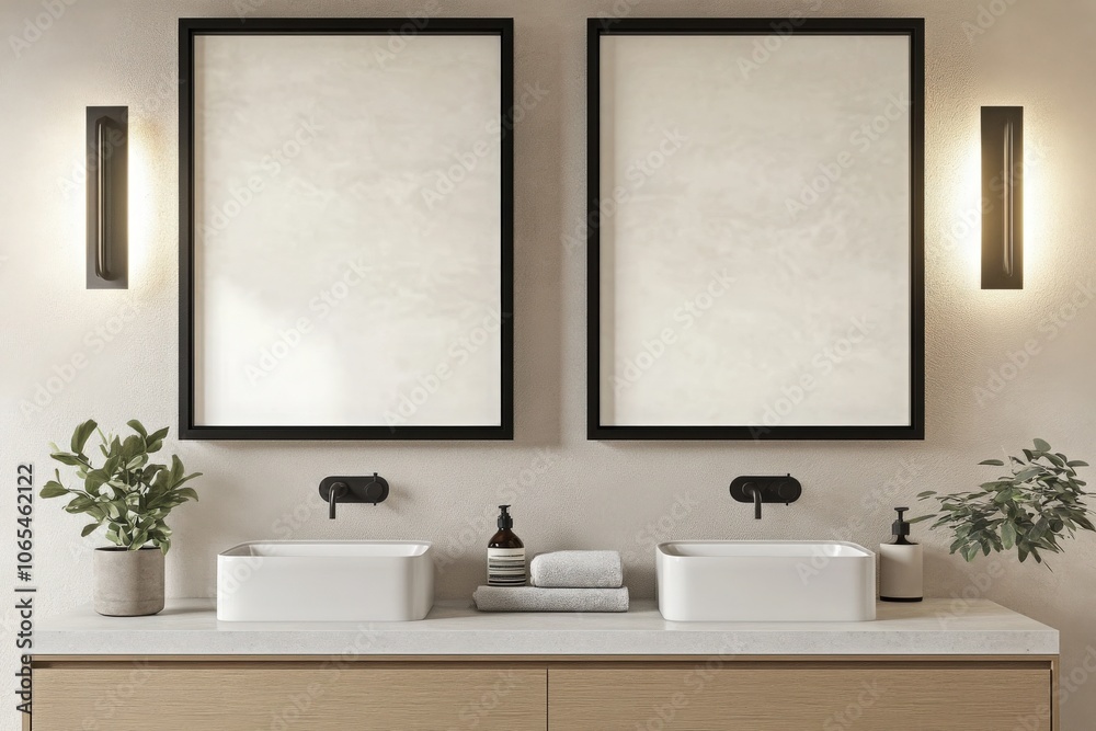 The setting showcases a modern bathroom with two sleek, white sinks beneath empty black-framed mirrors.