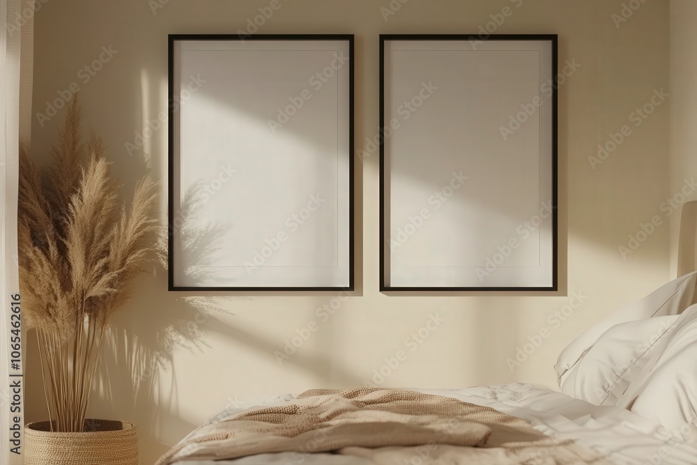The space features two aligned black-framed squares mounted on a light wall. A bed with soft bedding is nearby, along with a decorative plant adding warmth to the rooms ambiance.