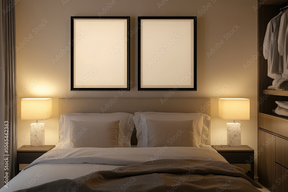 The space features two empty square frames aligned above a neatly made bed, accompanied by soft bedside lighting. The warm atmosphere is enhanced by soft textures and organized storage.