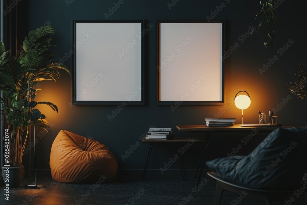 The stylish room features two empty square black frames on a dark wall, complemented by warm lighting from lamps. A cozy chair and a bean bag add to the inviting atmosphere.