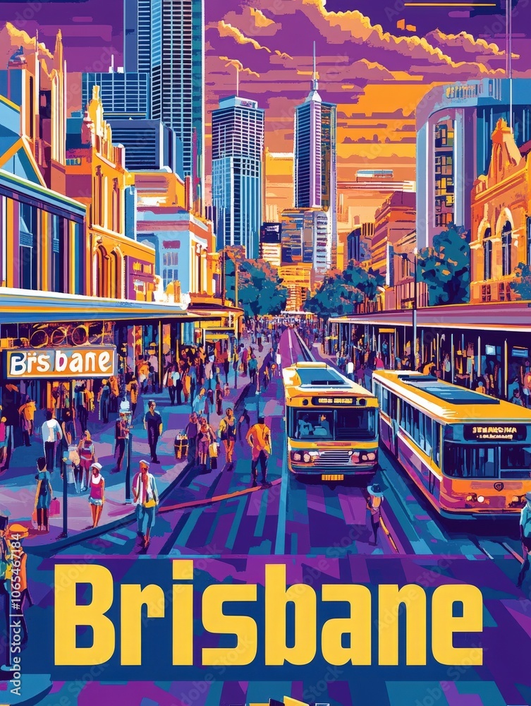 The travel poster showcases Brisbanes lively streets filled with people, colorful buses, and towering skyscrapers during a stunning sunset, highlighting the citys dynamic energy and culture.