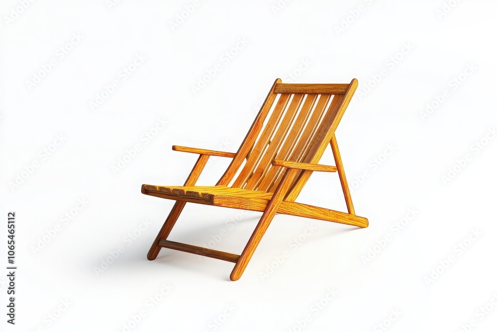 The wooden deck chair stands alone, crafted with slatted seating and armrests, positioned in an airy, uncluttered environment that conveys serenity and comfort.