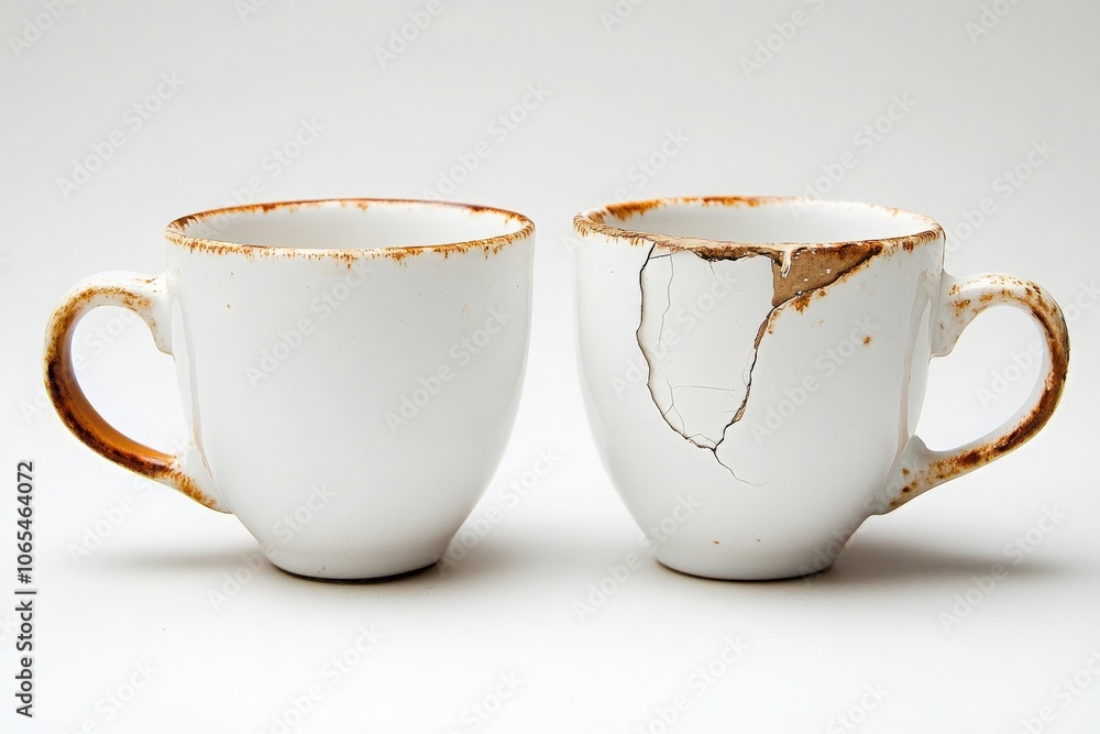 These two coffee cups sit side by side, showcasing their unique wear and tear. One cup has notable cracks, adding to its vintage charm, while the other remains whole and untarnished.