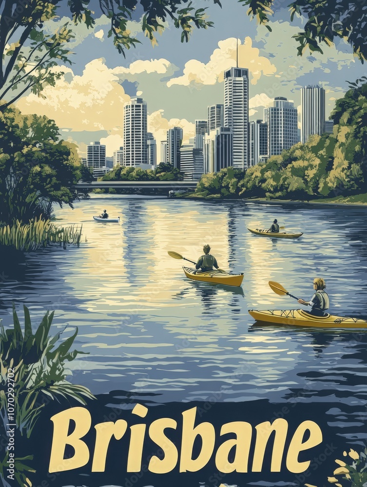 This captivating travel poster showcases Brisbanes scenic river with kayakers gliding through the water, framed by lush greenery and a striking skyline.