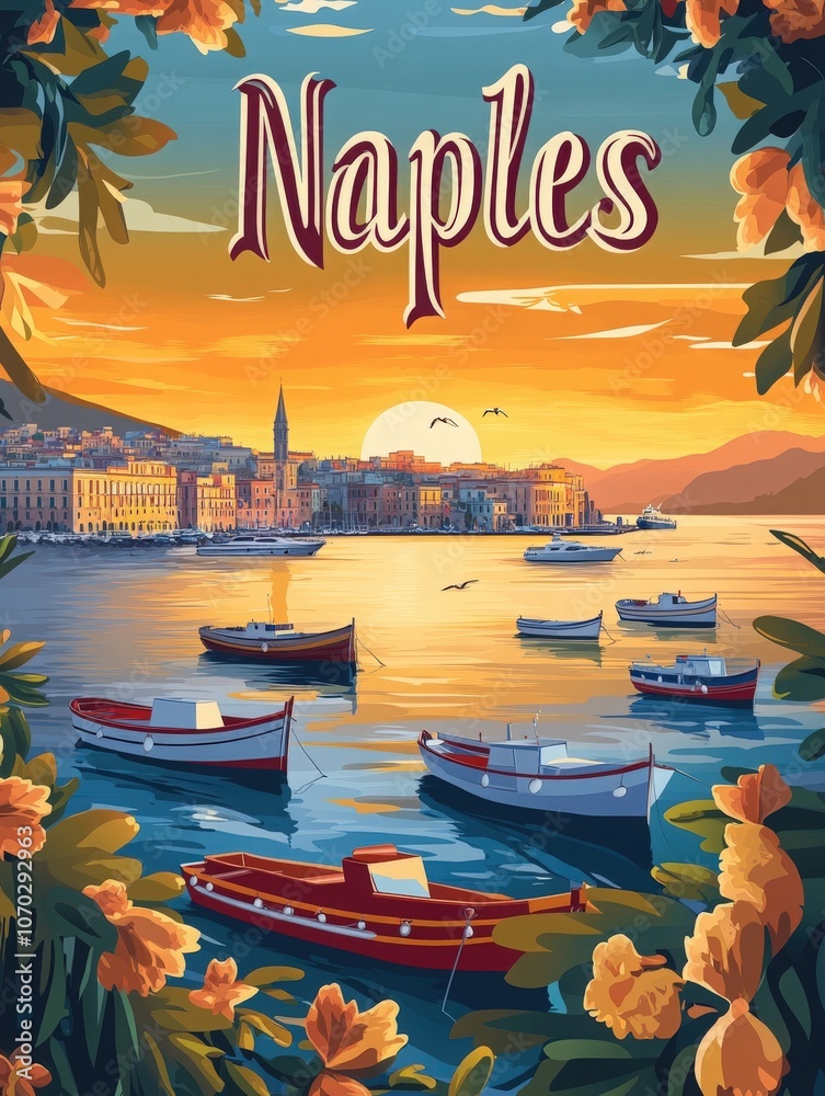 This captivating travel poster showcases Naples during a stunning sunset, featuring colorful boats in the foreground and elegant buildings along the coast, inviting adventure and exploration.