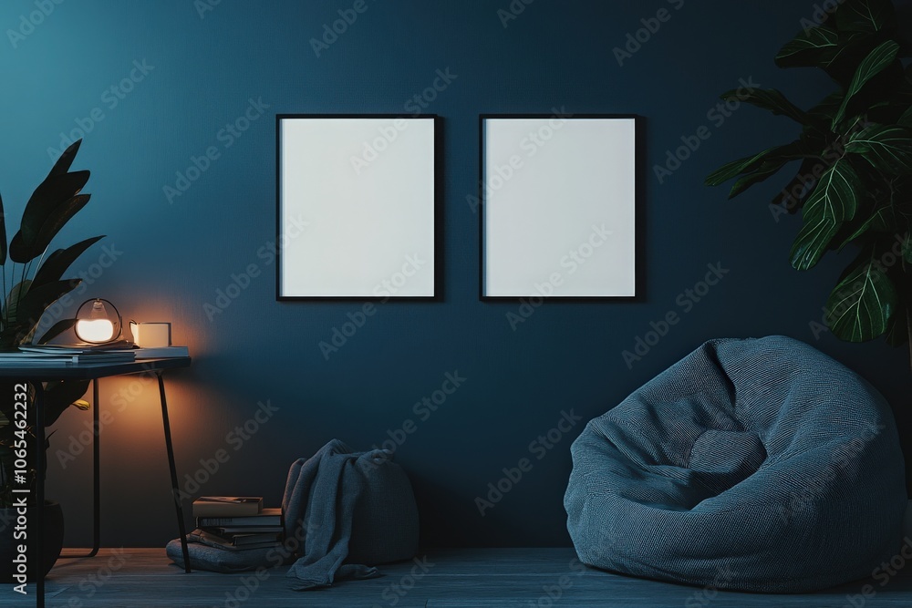 This cozy interior features two empty black square frames hanging side by side on a dark blue wall. A comfortable bean bag chair and a softly glowing lamp add to the inviting atmosphere.