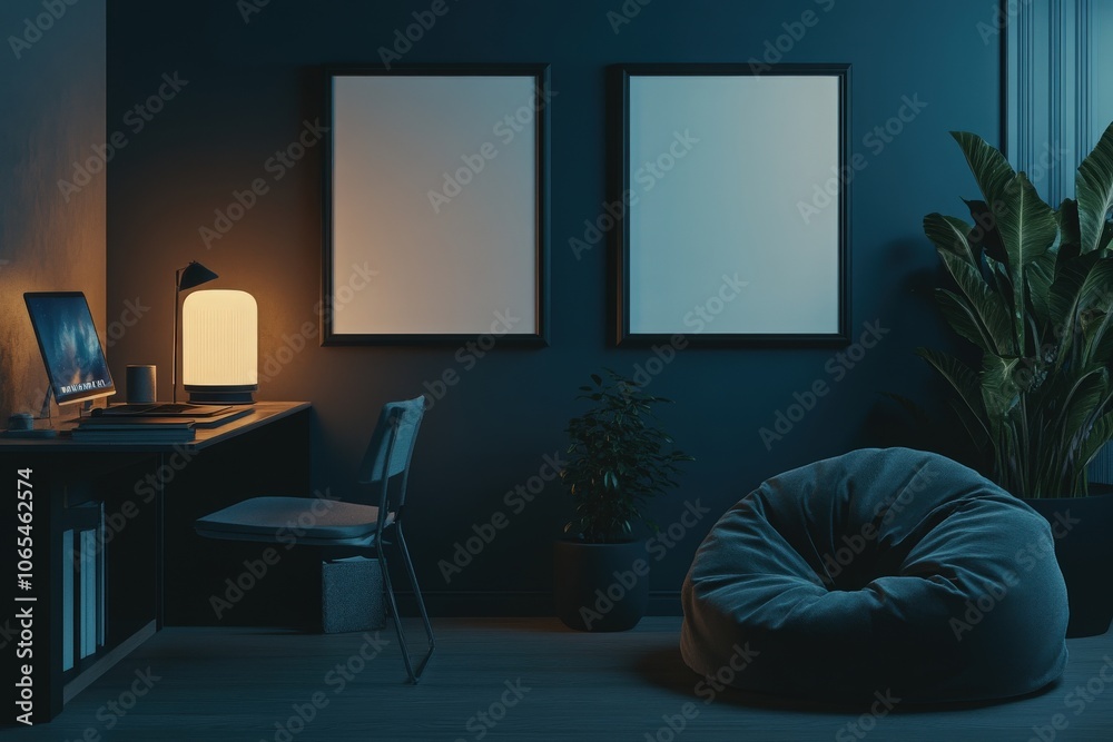 This cozy studio features a dark wall adorned with two empty black frames side by side. Soft light from a lamp creates a warm ambiance, highlighting a chair and a bean bag nearby.