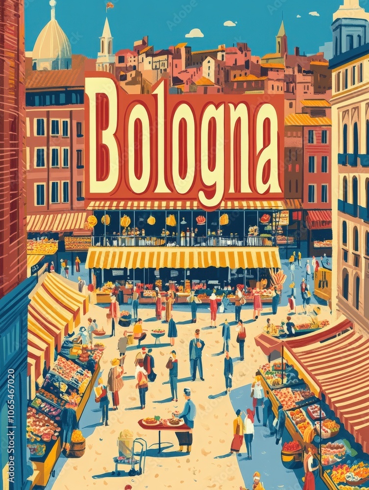 This lively travel poster showcases Bolognas markets, bustling with vendors and visitors enjoying a sunny afternoon. Colorful stalls display fresh produce, creating a vibrant atmosphere in the city.