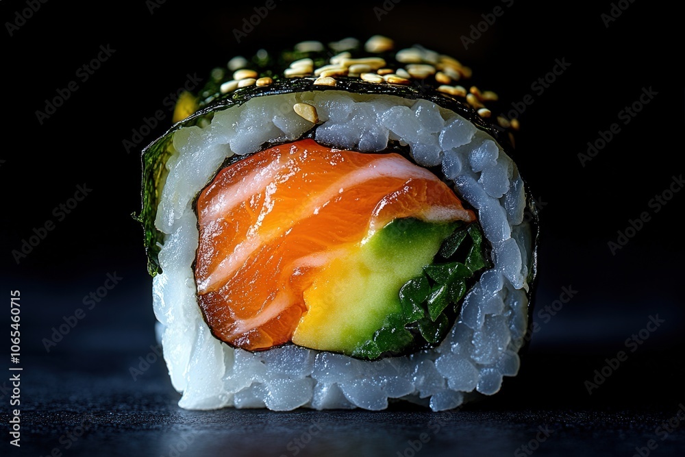 This macro photograph showcases a sushi roll filled with fresh salmon, avocado, and greens, topped with sesame seeds. The vibrant colors and intricate details emphasize the artistry of sushi making.