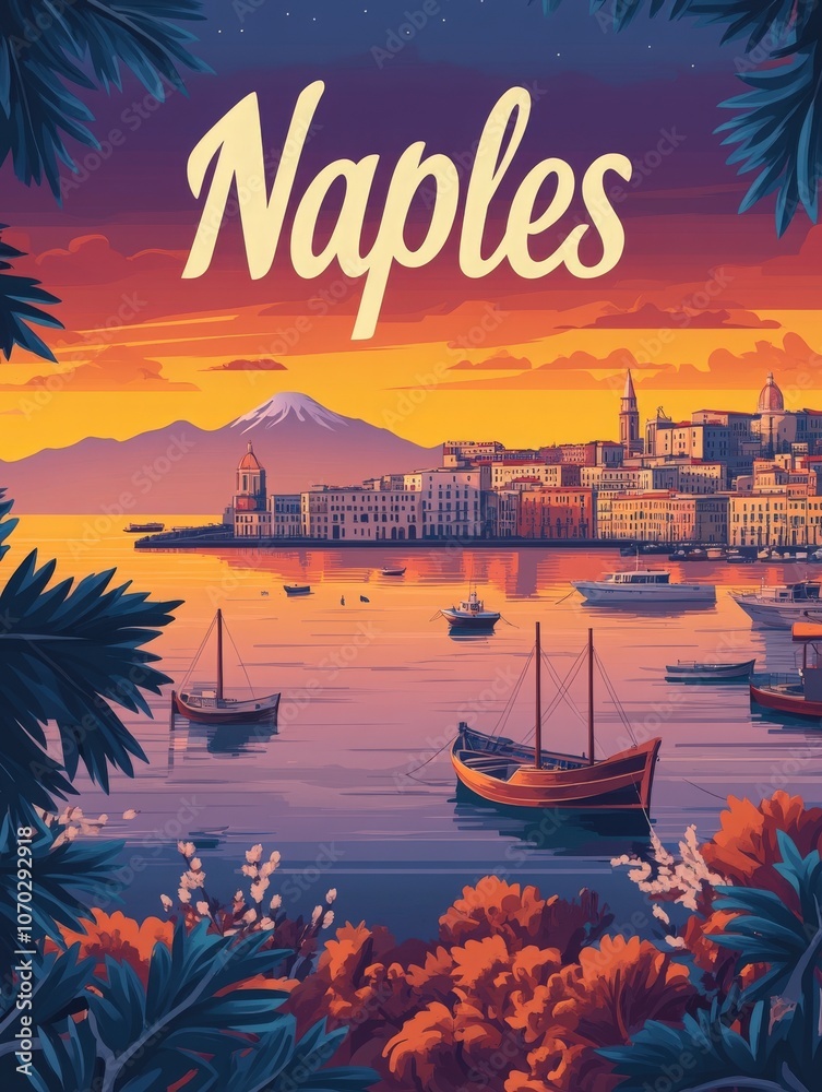 This mid-century modern travel poster captures the beauty of Naples at sunset, highlighting boats on calm waters and picturesque coastal views framed by lush foliage.