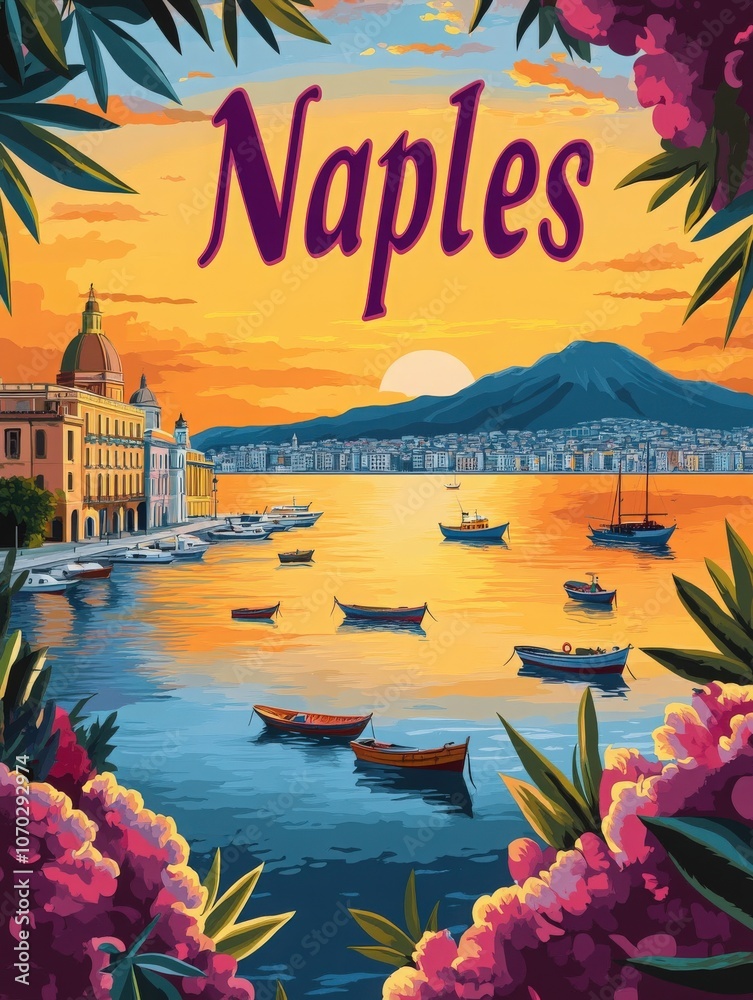 This mid-century modern travel poster captures the beauty of Naples at sunset, showcasing the serene waterfront, boats gently floating, and lush surrounding flora.