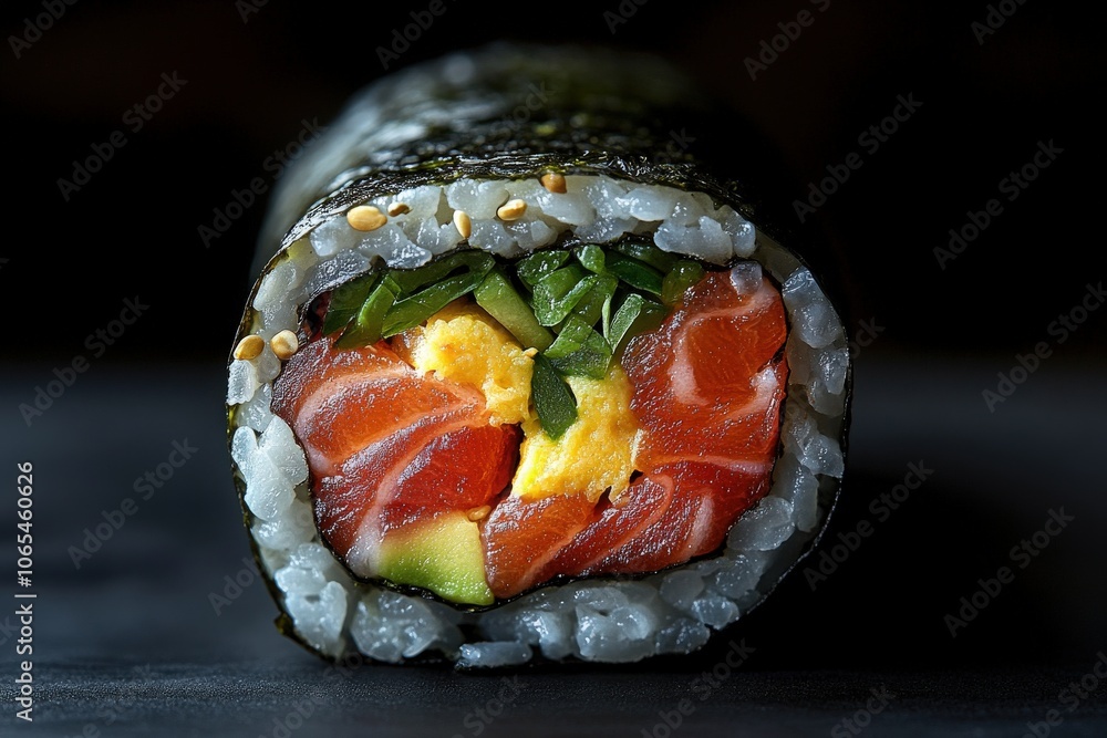This sushi roll features bright layers of salmon, avocado, and cucumber, all wrapped in seaweed and sprinkled with sesame seeds. The dish exudes freshness, ideal for a culinary delight.