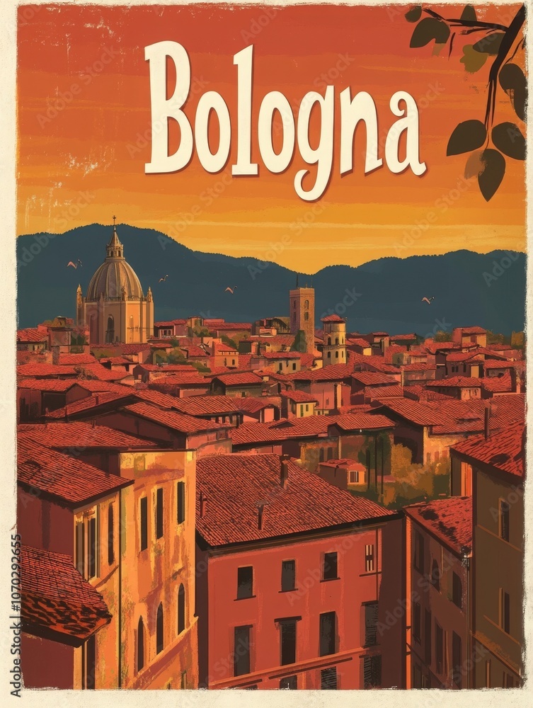 This travel poster captures the essence of Bologna, featuring colorful rooftops and the distant hills under a warm sunset. The design invites viewers to explore the citys architectural beauty.