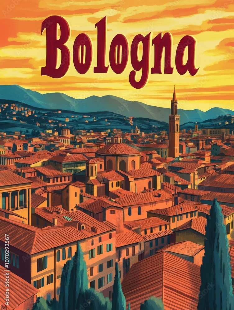 This travel poster captures the essence of Bologna with its warm colors, red rooftops, and stunning hills. The design reflects a mid-century modern aesthetic, inviting exploration.