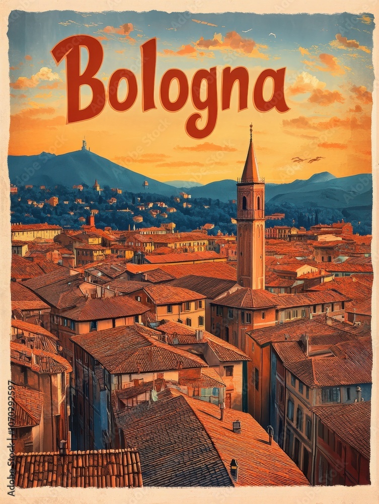 This travel poster showcases Bolognas stunning skyline, with historic rooftops and a bell tower set against a vibrant sunset, inviting exploration of the citys rich culture.