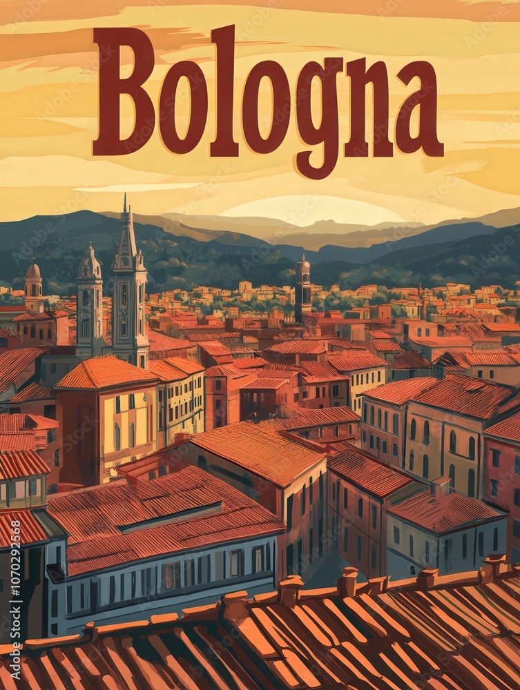 This travel poster vividly showcases Bolognas picturesque rooftops and historic buildings, inviting viewers to explore its unique charm.