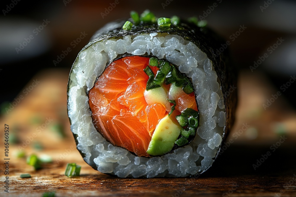 This vibrant sushi roll showcases layers of fresh salmon and avocado, wrapped in seaweed and rice, resting on a rustic wooden board with green onion garnish, inviting a delicious experience.