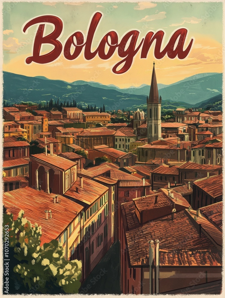 This vibrant travel poster invites viewers to explore Bologna, highlighting its charming rooftops, historical architecture, and scenic hills in a nostalgic mid-century modern style.