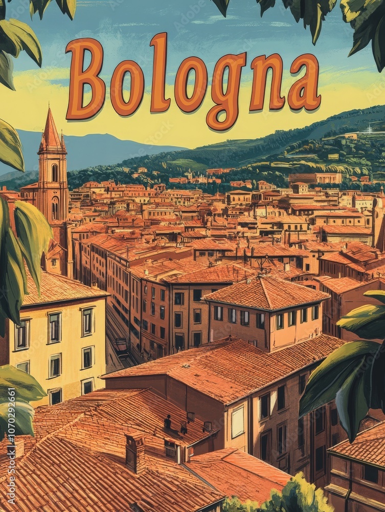 This vibrant travel poster promotes Bologna, showcasing its iconic terracotta rooftops, historic architecture, and scenic hills.