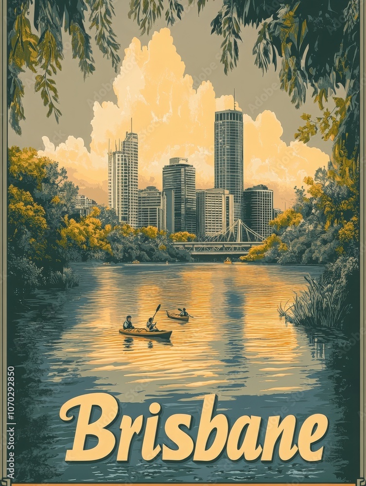 This vibrant travel poster showcases Brisbanes skyline at dusk, with kayakers enjoying the serene waters of the river against a stunning backdrop of clouds and city lights.