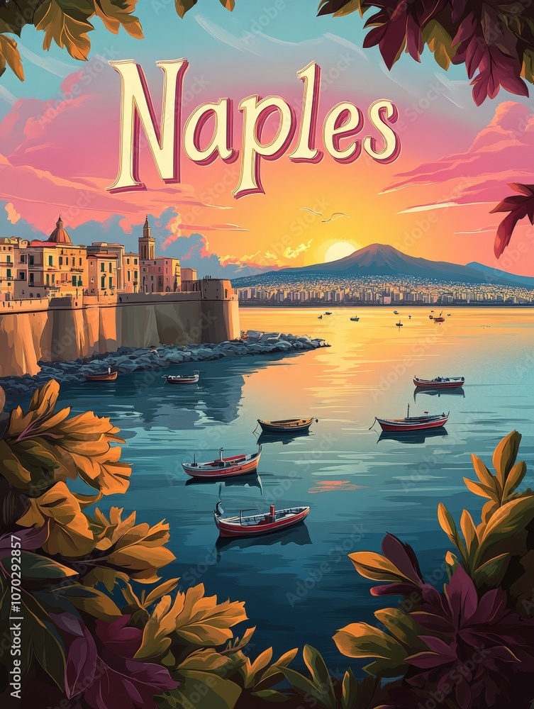 This vibrant travel poster showcases Naples at sunset, featuring boats on the tranquil waters, with lush foliage framing the iconic coastal skyline and Mount Vesuvius in the background.