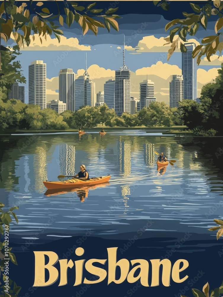 This vintage travel poster invites viewers to experience the beauty of Brisbane, showcasing its skyline above a serene river scene with kayakers enjoying the peaceful waters.