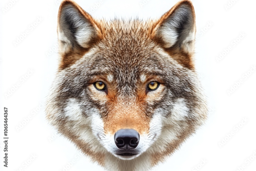 This wolfs intense gaze captivates with its sharp eyes and detailed fur, standing out against a contrasting plain backdrop, highlighting its regal presence and natural beauty.