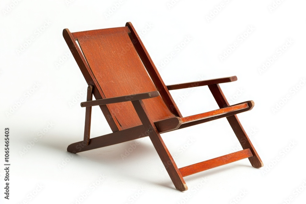 This wooden deck chair, featuring a simple design, is positioned in the center against a plain backdrop. Ideal for outdoor settings, it invites relaxation and enjoyment in sunny weather.