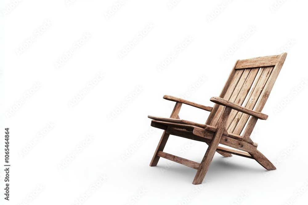 This wooden deck chair sits alone in a minimalist setting, inviting users to unwind and enjoy some peaceful moments. Its rustic design enhances the atmosphere of tranquility and comfort.