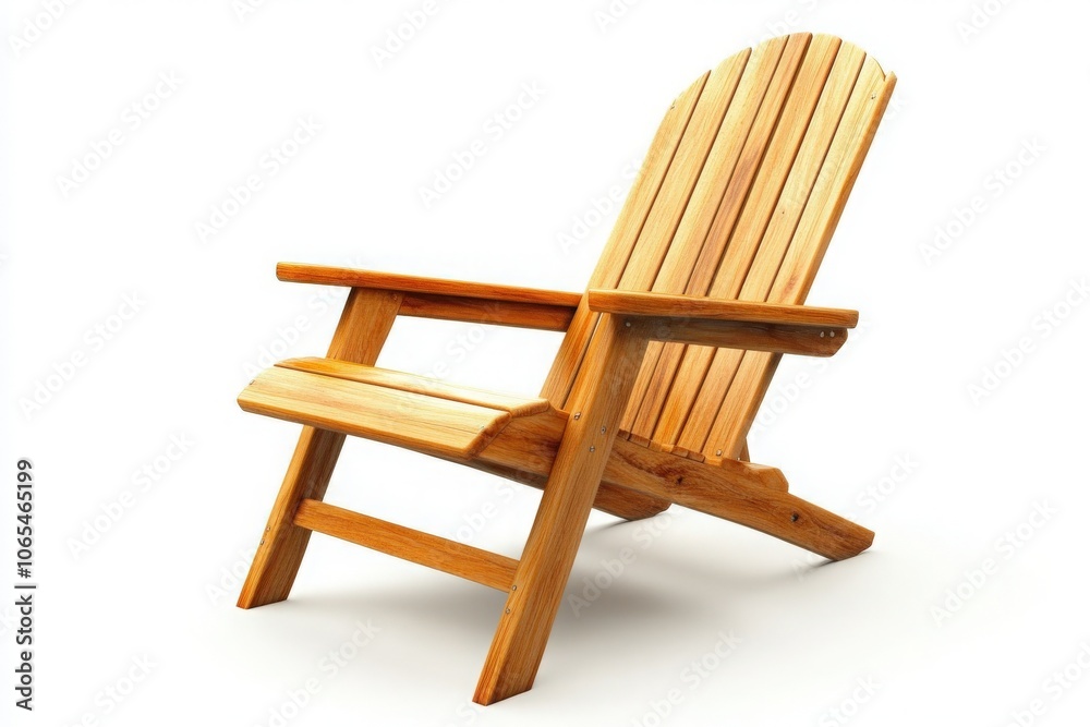 This wooden deck chair stands alone, inviting relaxation. Its design showcases natural wood grains, perfect for enjoying a sunny day or quiet evening in a peaceful outdoor area.