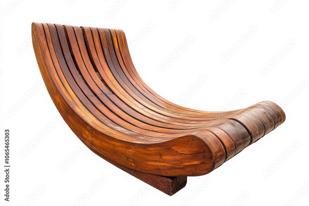 This wooden deck chair stands alone, showcasing its smooth curves and rich texture. Ideal for enjoying the sun, its perfect for outdoor or indoor relaxation moments.