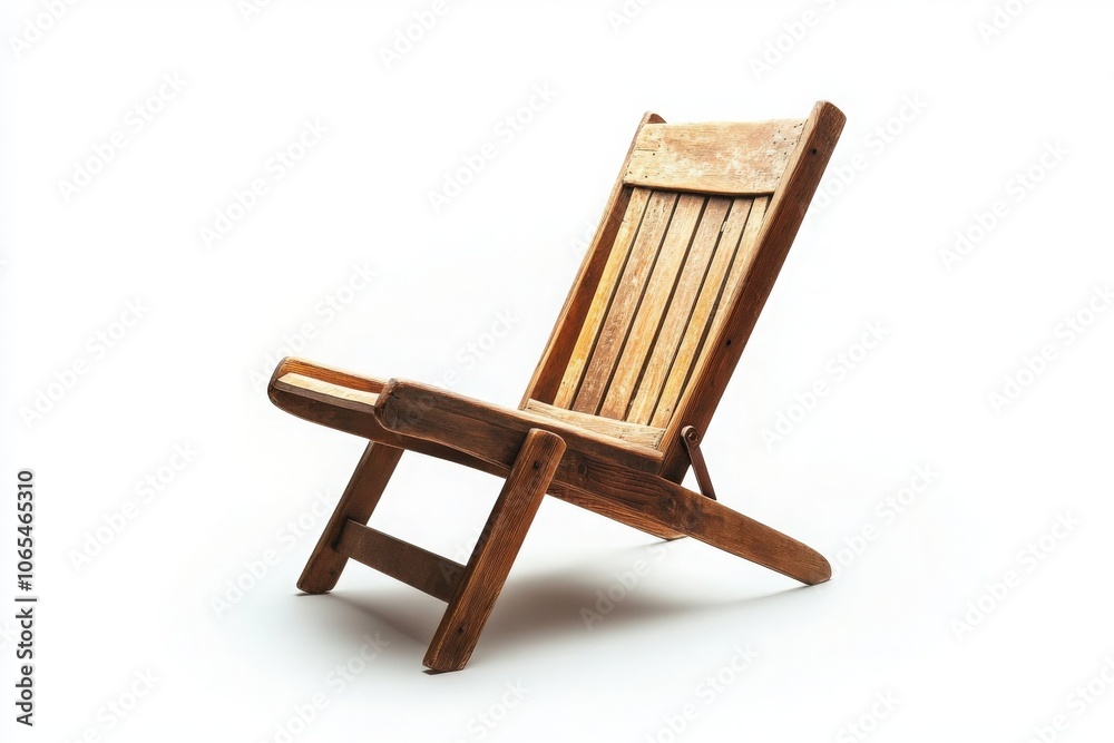 This wooden deck chair stands upright, showcasing its rustic design. Ideal for lounging in gardens, on patios, or any peaceful space, offering comfort for relaxing moments.