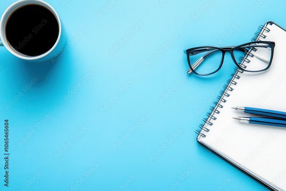 This workspace showcases a clean arrangement with a white notebook, pens, glasses, and a coffee cup, creating an ideal environment for productive remote work or study sessions.
